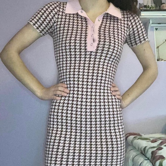 y2k preppy houndstooth mini bodycon dress with collar - Picture 2 of 4